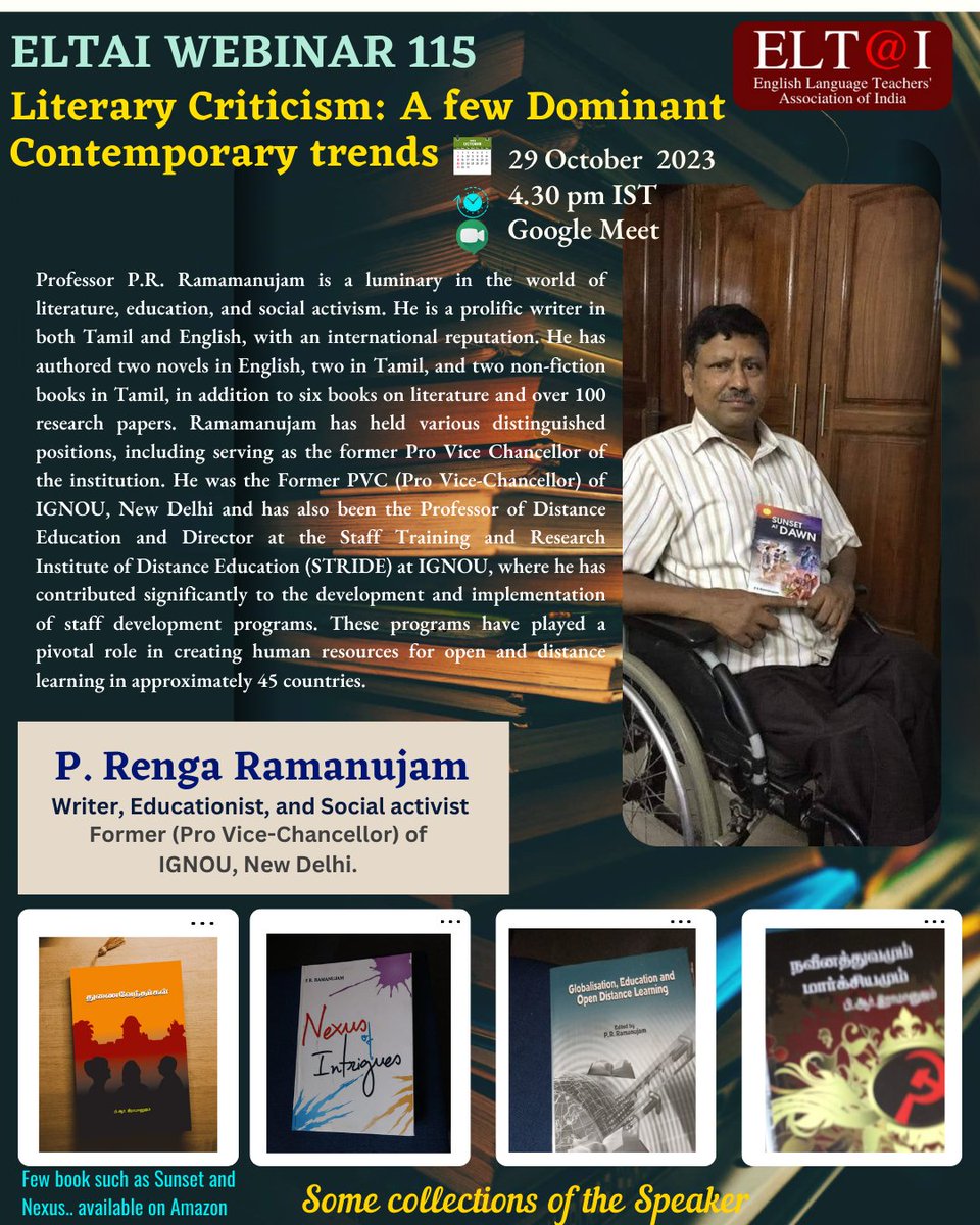Join us for ELTAI Webinar 115: "Literary Criticism: A Few Dominant Contemporary Trends" on October 29, 2023, at 4:30 PM IST. 🕟

Don't miss this insightful discussion! Register now to secure your spot: forms.gle/GTJ79SRb2XtM6P…
#ELTAIWebinar115