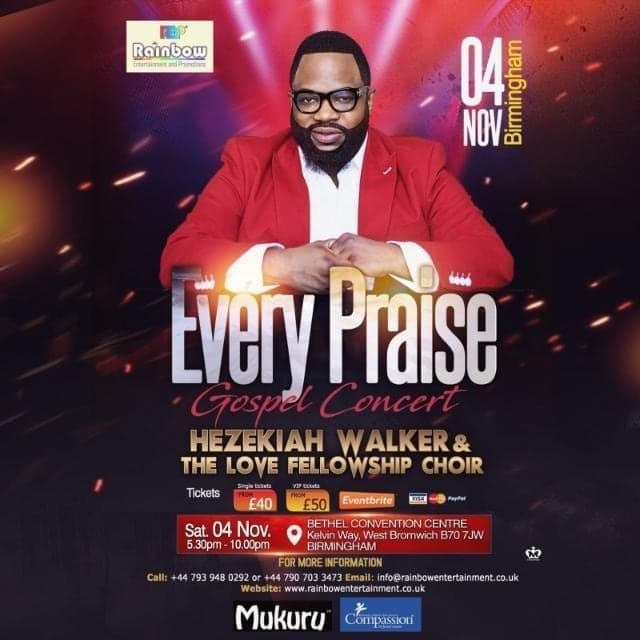 To purchase your ticket click the link bit.ly/HezNov4 to get tickets or call +447939480292

#everypraisegospelconcert #hwukconcert #epgchezekiahwalker #gospel #birmingham #HezekiahWalker #birminghamgospel #choir