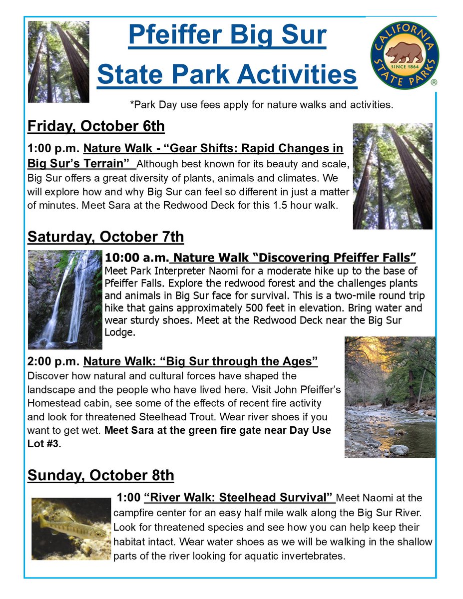 Pfeiffer Big Sur State Park Activities 9/29 - 10/8