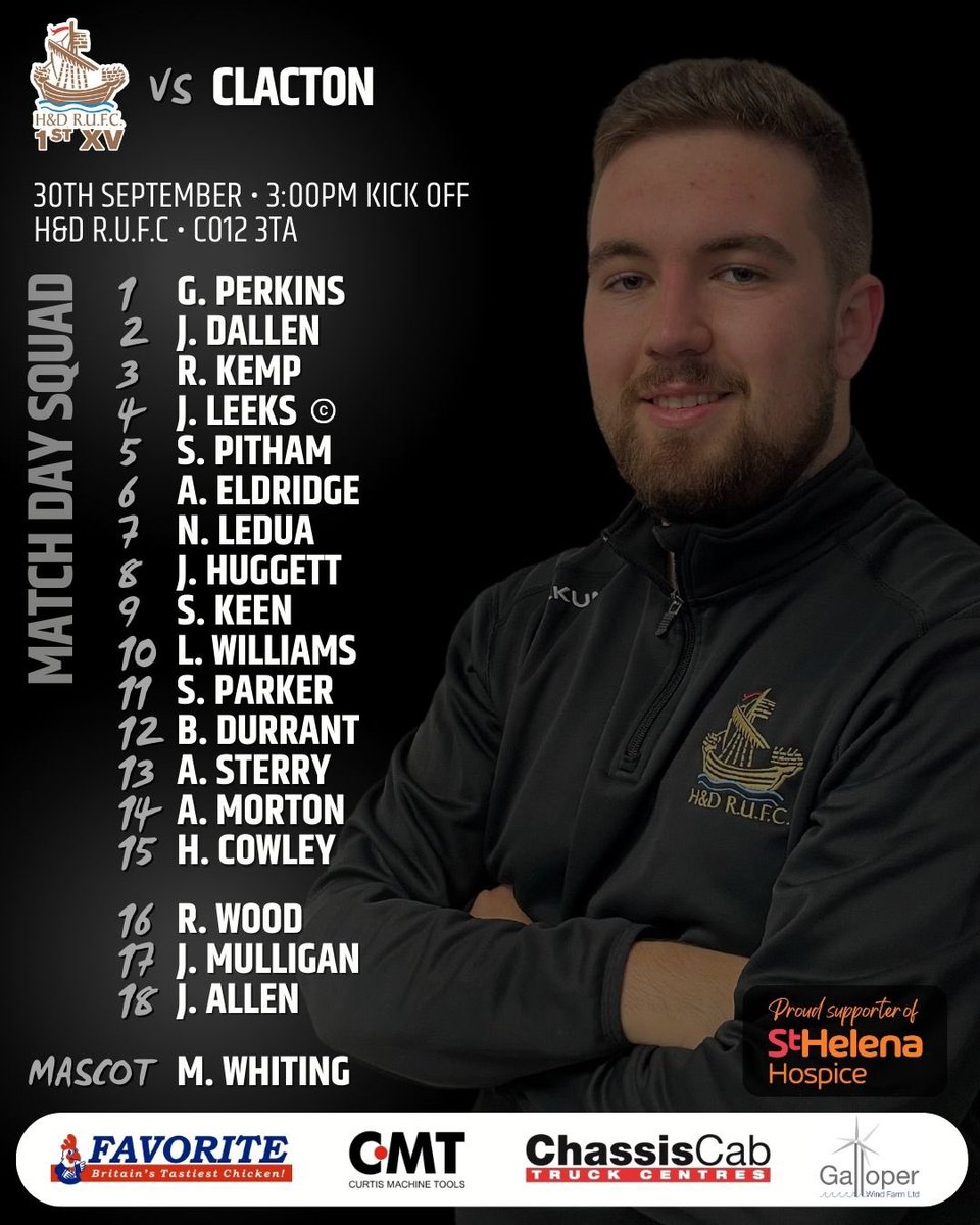 📢 Here’s your H&amp;D 1st XV squad to face Clacton in today’s Counties 2 Essex (North) fixture. Clubhouse open from midday. 

▪️Family ▫️Community ▪️Respect ▫️Teamwork ▪️Enjoyment ▫️Discipline ▪️Sportsmanship