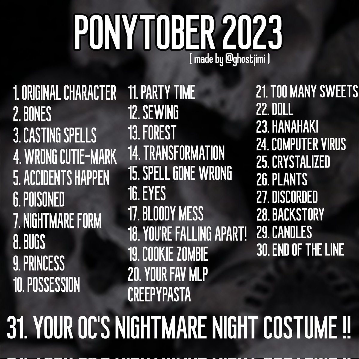#PONYTOBER2023 : PROMPT LIST!! [ feel free to use and tag me! I wanna see! ]