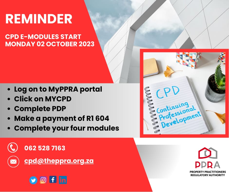 The_DHS's tweet photo. Property Practitioners Regulatory Authority is launching CPD E-Learning on Monday 02 October 2023. Register now on the portal 
https://t.co/n3LPylnK4D 

For Enquiries Call  062 5287163 or email cdp@theppra.org.za

#ContinuingProfessionalDevelopment https://t.co/iSsTrrYvWe