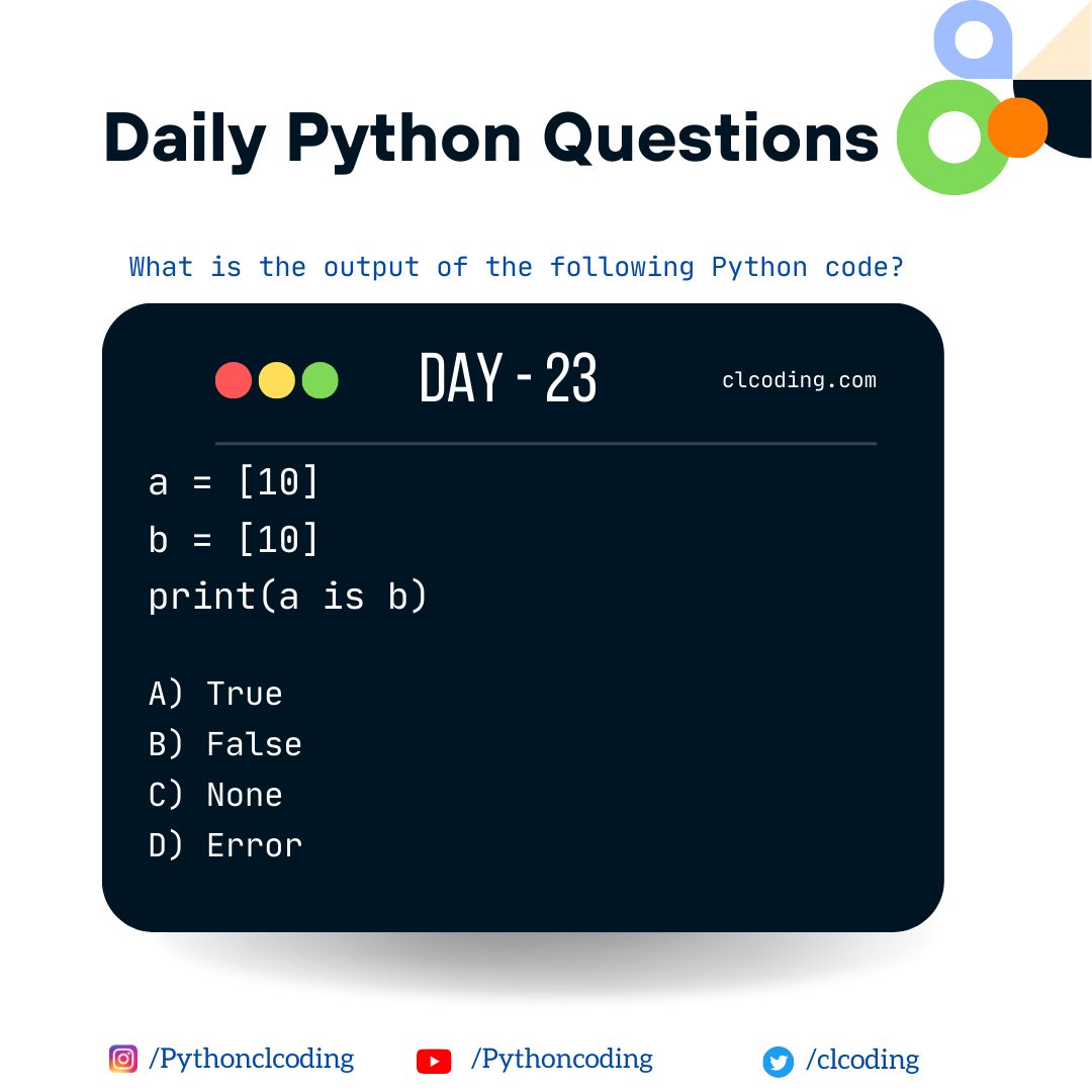 clcoding's tweet photo. Python Coding challenge - Day 23 
What is the output of the following Python code? https://t.co/7Pz5PGF7QA