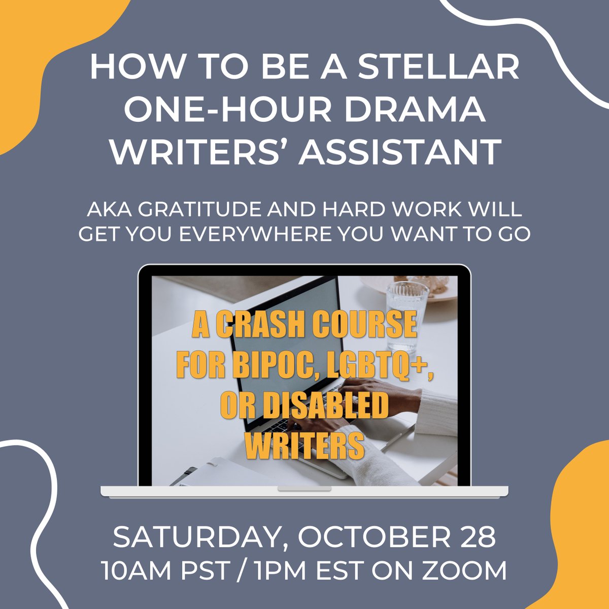 Let's do this again, friends! 🤗 I'm hosting a FREE crash course on How to Be a Stellar One-Hour Drama Writers' Assistant for BIPOC, LGBTQ+, & Disabled writers on Sat, Oct 28 at 10am PST/1pm EST. A gift to everyone after the #WGAstrike! 📷eventbrite.com/e/how-to-be-a-… RT