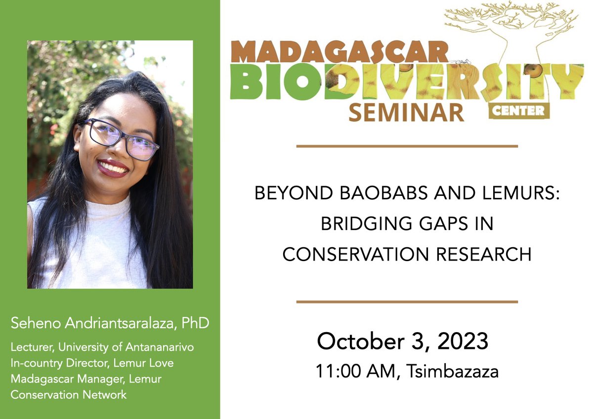 Madagascar Biodiversity Center (@mbc_madagascar) on Twitter photo β¨π²π¬ Honored to host the amazing <a href="/andriant_seheno/">Seheno Andriantsaralaza, PhD.</a> for the seminar on Tuesday. Can't wait for the talk! <a href="/LemurNetwork/">Lemur Conservation Network</a> <a href="/lemurlove/">Shelli Ford</a>
π
Tuesday, Oct 3rd, π11:00
π MBC Tsimbazaza
Zoom link: uwmadison.zoom.us/j/96651580642 β¨π²π¬ Honored to host the amazing <a href="/andriant_seheno/">Seheno Andriantsaralaza, PhD.</a> for the seminar on Tuesday. Can't wait for the talk! <a href="/LemurNetwork/">Lemur Conservation Network</a> <a href="/lemurlove/">Shelli Ford</a>
π
Tuesday, Oct 3rd, π11:00
π MBC Tsimbazaza
Zoom link: uwmadison.zoom.us/j/96651580642