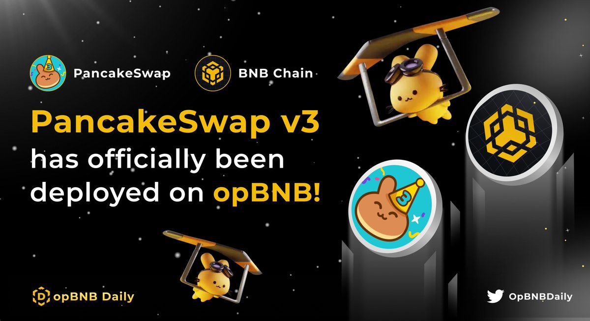 🐰PancakeSwap v3 is now live on opBNB    <a href="/BNBCHAIN/">BNB Chain</a> 

🔀Engage in trades with minimal fees of 0.01%
🥈Contribute liquidity to the world’s 2nd largest DEX
⛽️Experience transfers with negligible gas fees at $0.005

👉Discover more: bit.ly/3EUaoDh