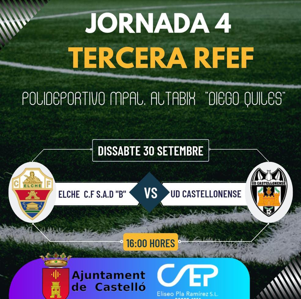 alventosa81's tweet image. 🔥 DIA DE PARTIT 
🏆 Partit de LLIGA 3️⃣ RFEF 
⚽ @elchecf B🆚 @CastellonenseUD 
🕣 1️⃣6️⃣H 
🏟️ Altabix Diego Quiles 
📍 Elx 

@AmuntUDC @PorlaescuadraCV
 @Tercerarfefinfo @estadio_directo
@ElMinuter @LaFrontalArea1 @JosemiJose6 @KikoCaballlero @josepoider @AVcf86 @GolsmediaCVal