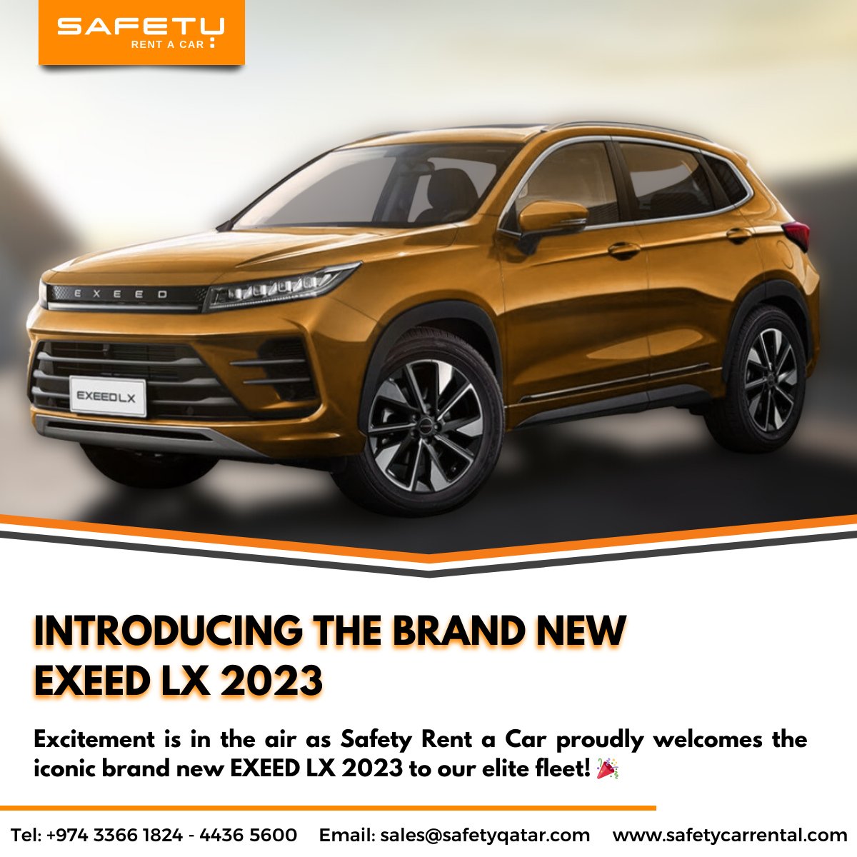 SafetyRac's tweet photo. 🌟 Introducing the 2023 Exeed LX - Your Ticket to Luxury on Wheels! 🚗💨

Get ready for a new level of opulence as the 2023 Exeed LX joins the prestigious Safety Rent a Car fleet! 🥂✨

📞 For reservations, call us at +974 3366 1824 - 4436 5600 https://t.co/TEFTvmhkAO