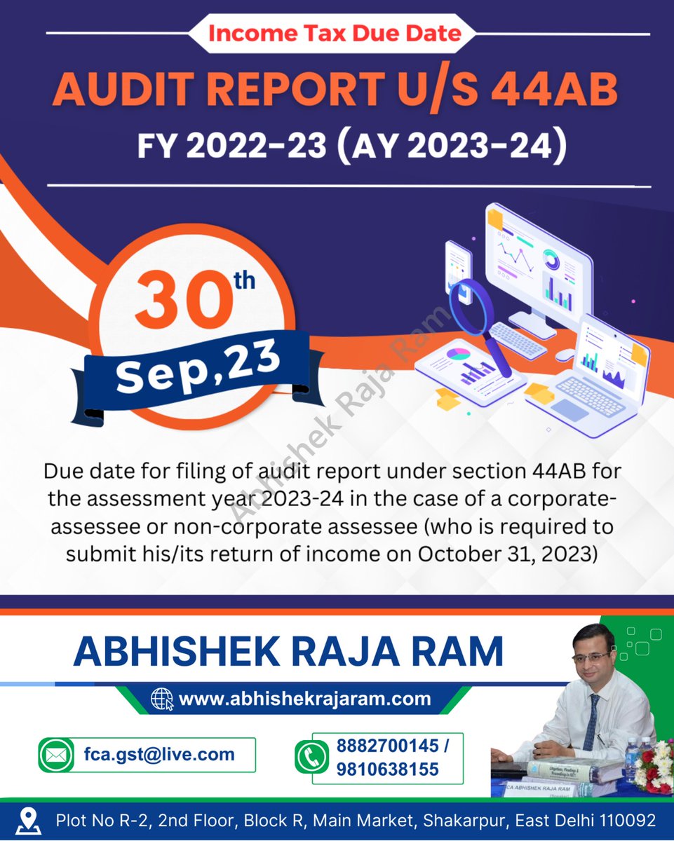 Attention 
 Income Tax Due Date For AUDIT REPORT U/S 44AB

#AuditReport #FinancialAudit #FinancialStatements #AuditorFindings #AuditOpinion #AuditProcess #AuditCompliance #FinancialAccuracy #FinancialIntegrity #FinancialTransparency