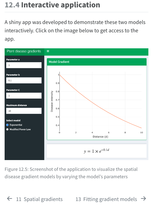 edelponte's tweet photo. 🚀 R4PDE update alert:
New shiny app crafted to complement the book! Explore the exponential and the (modified) power (aka Gregory model) models of plant disease gradients - the decline of disease intensity over distance from an inoculum source 
🔗 https://t.co/jcrHdm347i https://t.co/46xvVgIQ9C