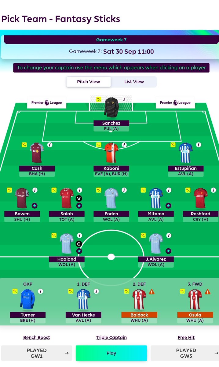 ▪️Gameweek 7 Team 🔒

▪️Squad Value £98.9

▪️ Bank £2.4

🌍 OR - 3,757 

💸 Henry ➡️ Kabore

💸 Saka ➡️ Bowen (-4)

👨🏾‍✈️ Haaland , Salah 

Good luck to everyone ☘️

#FPL #FPLCommunity #FPLPod #9ja ✅