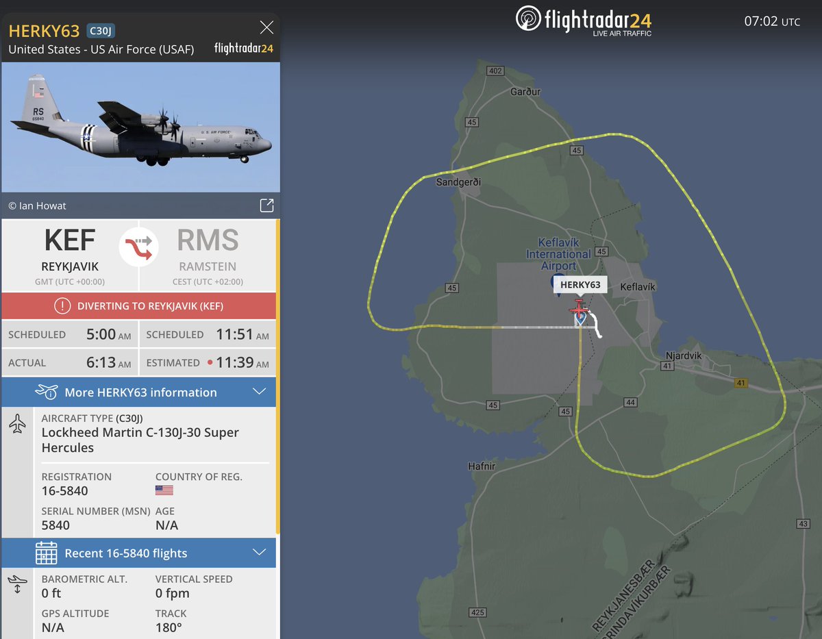 TheSnoopySnoop's tweet photo. Looks like #HERKY63 tried leaving Keflavik for Ramstein but had to return rather quickly
C-130J-30 #AE5DFC 16-5840
#avgeek #planespotting https://t.co/e0CzCLtLZ3