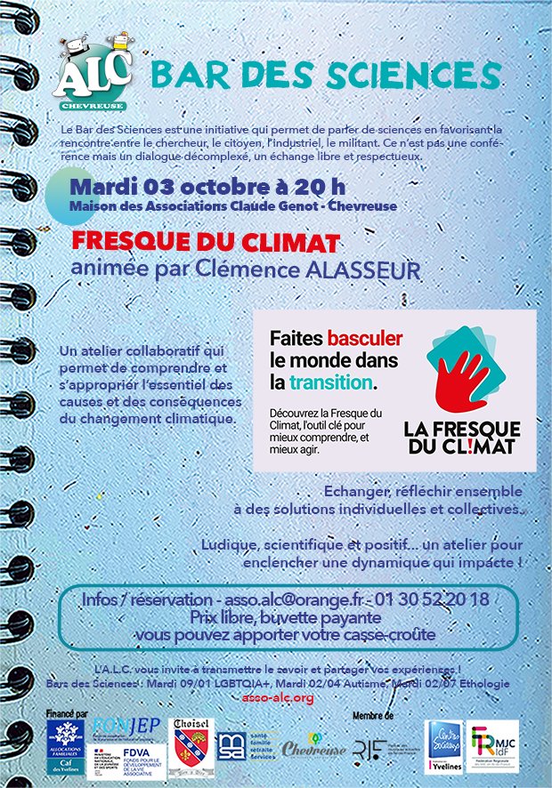 AssoAlc's tweet image. Participez au prochain Bar des Sciences
Mardi 03 octobre à 20h
à la Maison des associations à Chevreuse
avec Clémence Alasseur
Réalisez une fresque du climat 📷
Prix libre - Sur réservation asso.alc@orange.fr
Plus d&apos;infos asso-alc.com/bar-des-scienc…