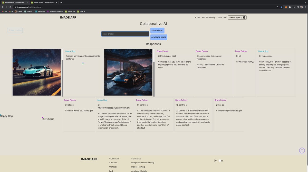 imageappdotxyz's tweet photo. Multiplayer ChatGPT & Image Generation
https://t.co/aNW716hJsD
Generate ChatGPT responses & Images with Friends, request features, early development, directionally fun, can get better fast with feedback
#imageapp #chatgpt #dalle #stablediffusion #sdxl #midjourney #go https://t.co/ObuR5SiWxL