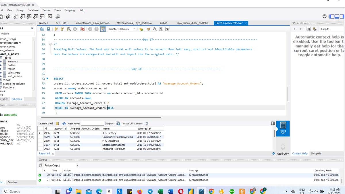 TayoAkinpelu1's tweet image. Day 17 of #20dayswithdata 
Treating Null values 
Day 18 of #20dayswithdata 
Having clause

#SQLHavingClause #DataAggregation #NULLValues #DataCleaning #MySQL