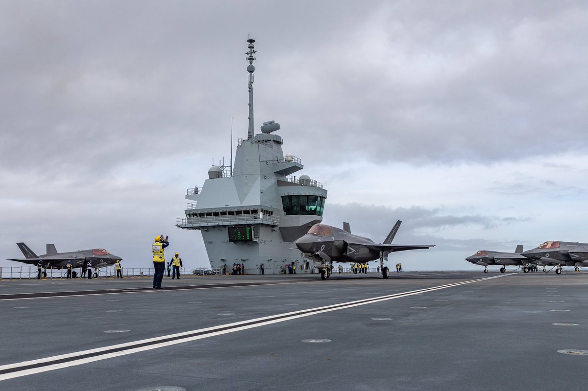 COMUKCSG's tweet photo. We have lift off! ⚡️ Jets launch from @HMSQNLZ to participate in Finnish led Exercise RUSKA 🇫🇮
The UK F-35Bs have been flying missions alongside aircrafts from Sweden and Finland, such as the F/A-18 Hornets, Gripens, and Hawks #JEFtogether
#UKCSG23
 https://t.co/BDdvSJlbWD