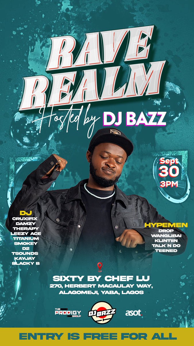 iamdjbazz's tweet photo. Join me for a night of fun and unforgettable memories at my party tonight! 

RAVE REALM with DJ BAZZ 

Time : 3pm 

ACCESS IS FREE 🆓 

Let's make it epic! 🥂🎶 

NB: not an all night party 

#raveRealm #bazzified #PartyTime https://t.co/PUcC3P85kK