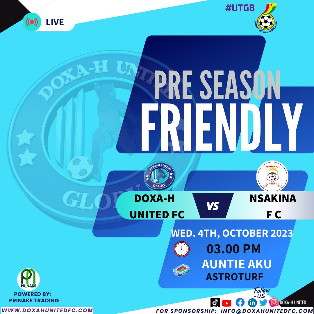 DoxahUnitedFC's tweet photo. CLUB FRIENDLY
Doxa-H United Vs Nsakina FC
🗓️Date: Wed, 4th October, 2023
⏰Starting:  3:00 pm
🏟️Venue:Auntie-Aku Astro Turf

#UTGB 🔥 #DoxaHUnited #DHUFC https://t.co/Gtz067ajbp