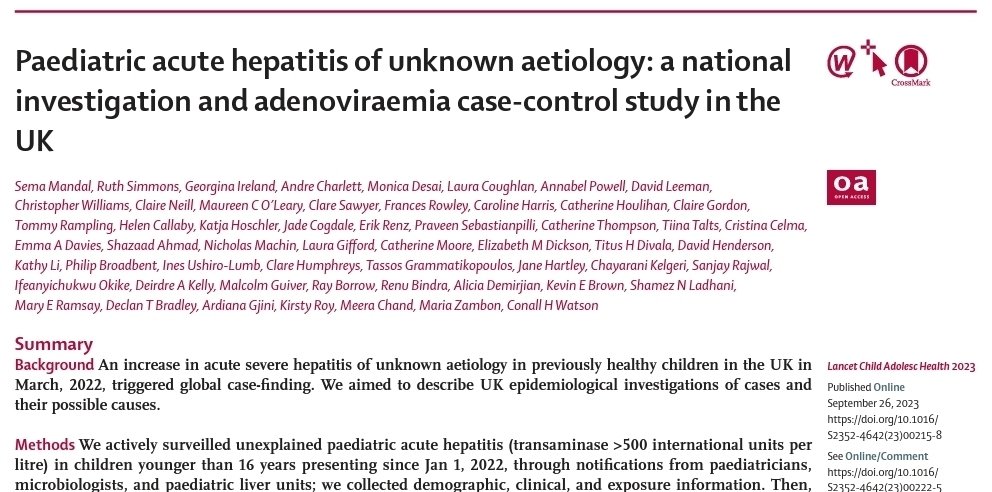 Pleased 2share our NEW Paper in @LancetChildAdol reporting results of a UK 4nations epi &lab investigation on the cause of acute pediatric hepatitis of unknown aetiology. doi.org/10.1016/S2352-… The count & diversity in the authorship reminded me of the scale of this operation!