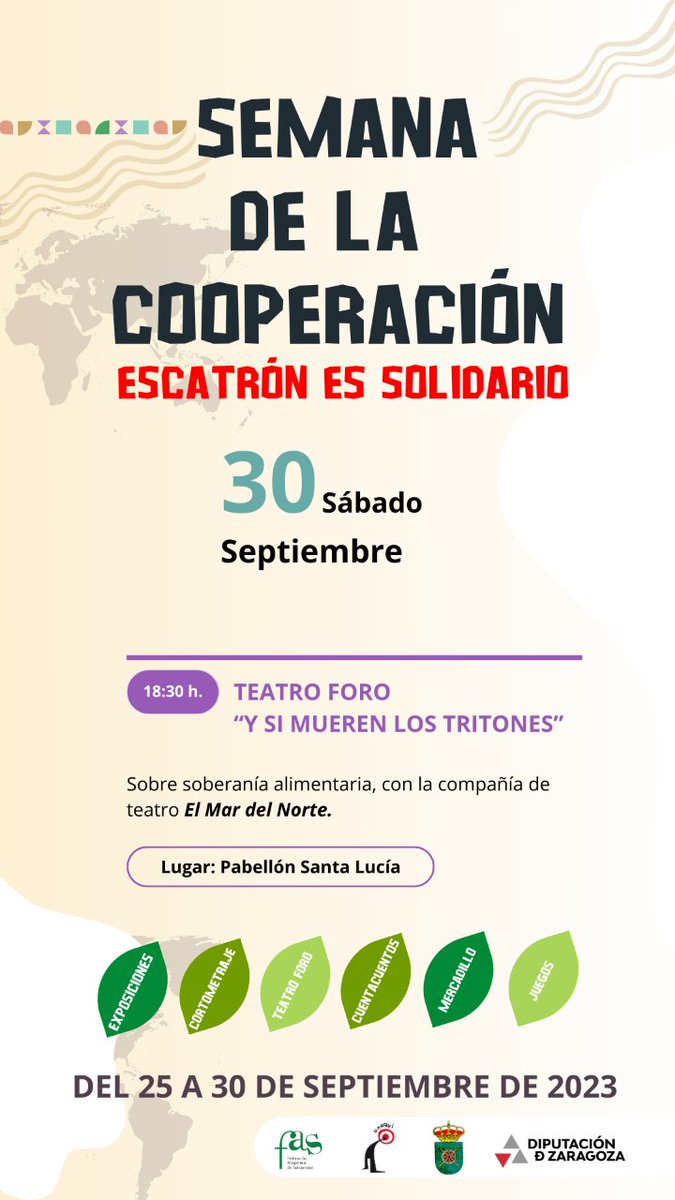 🎭🗓️ Hoy 30-sept a las 18:30h únete al Teatro Foro "Y si mueren los tritones" 🌊🐟

La compañía "El Mar del Norte" te llevará en un viaje participativo 🤩 donde reflexionaremos juntos sobre la Soberanía Alimentaria 🌾🌽.

Semana de la Cooperación #Escatrón
<a href="/DPZaragoza/">Diputación de Zaragoza</a> <a href="/ONGD_CERAI/">ONGD CERAI</a>