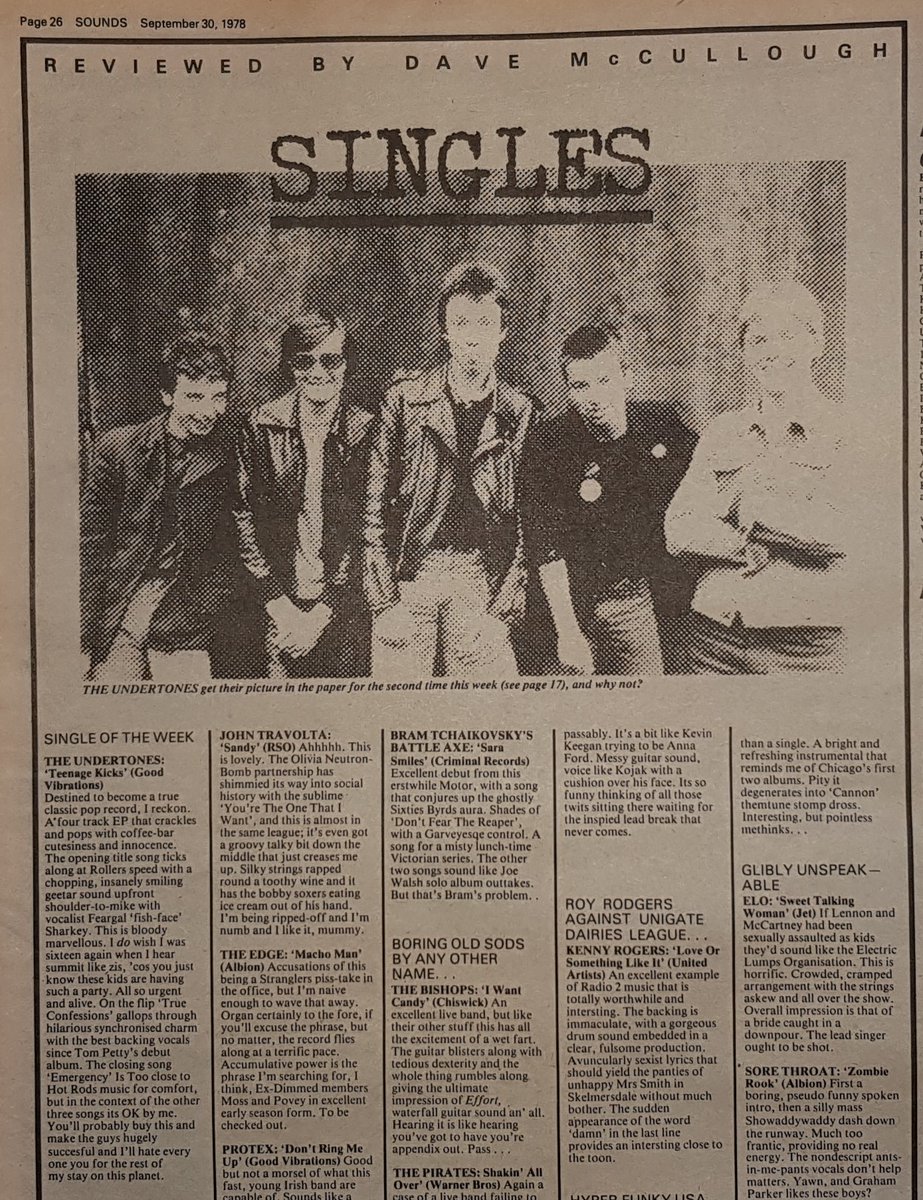 The Undertones 'Teenage Kicks' single of the week reviewed by Dave McCullough in Sounds 30th, September 1978. @TheUndertones_ @Feargal_Sharkey