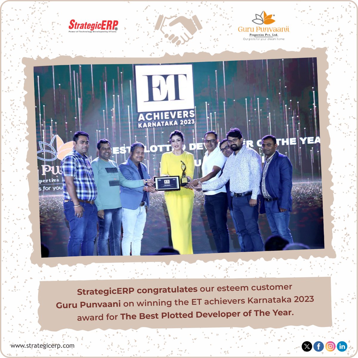 Our esteemed client Guru Punvaanii, has been awarded the Best Plotted Developer of The Year by ET achievers Karnataka 2023.
It always brings us great pleasure to see our partners prosper.

#GuruPunvaanii #Congratulations  #RealEstateERP  #DigitalTransformation #ERPtechnology