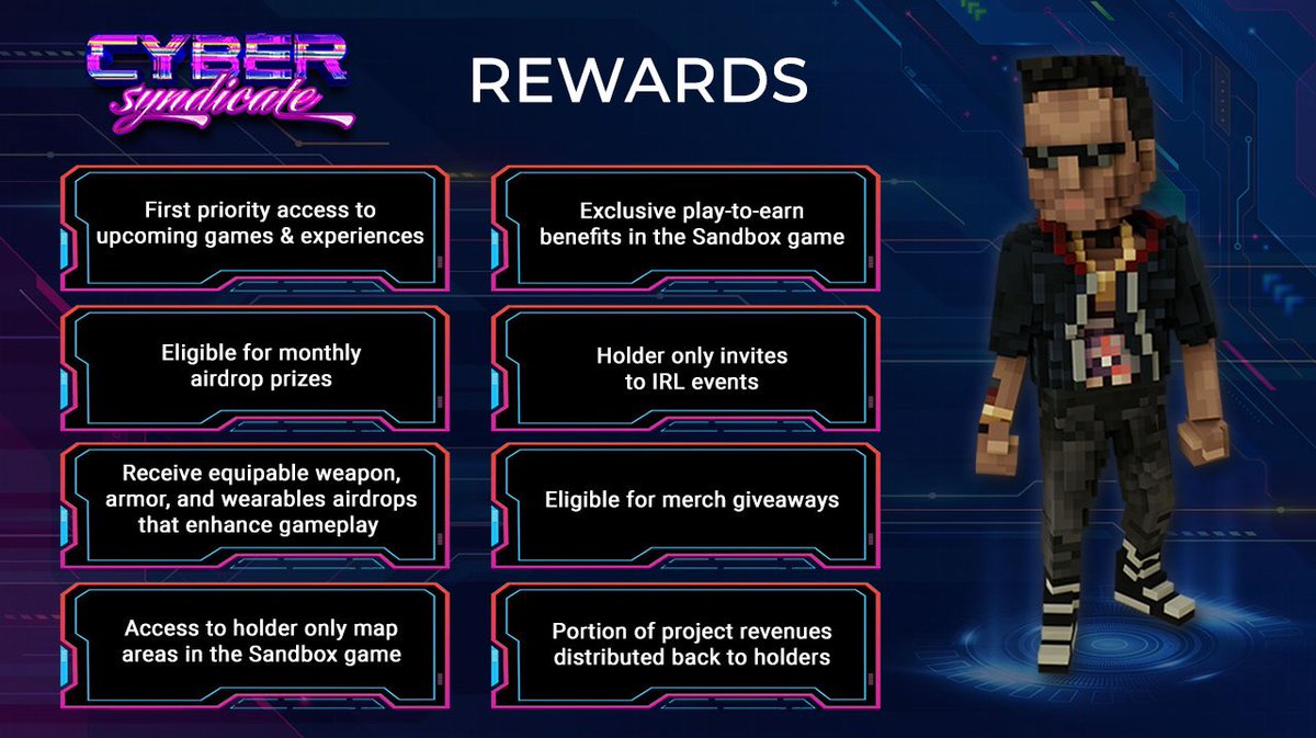 Enjoy multiple rewards &amp; benefits with your Cyber Syndicate avatar! Rep your unique avatar in <a href="/TheSandboxGame/">The Sandbox</a> &amp; start earning.💰🧠

Join the syndicate &amp; become part of the movement today! ✊

Discover your avatars here! 
⏩ cybersyndicate.io/avatarcollecti…