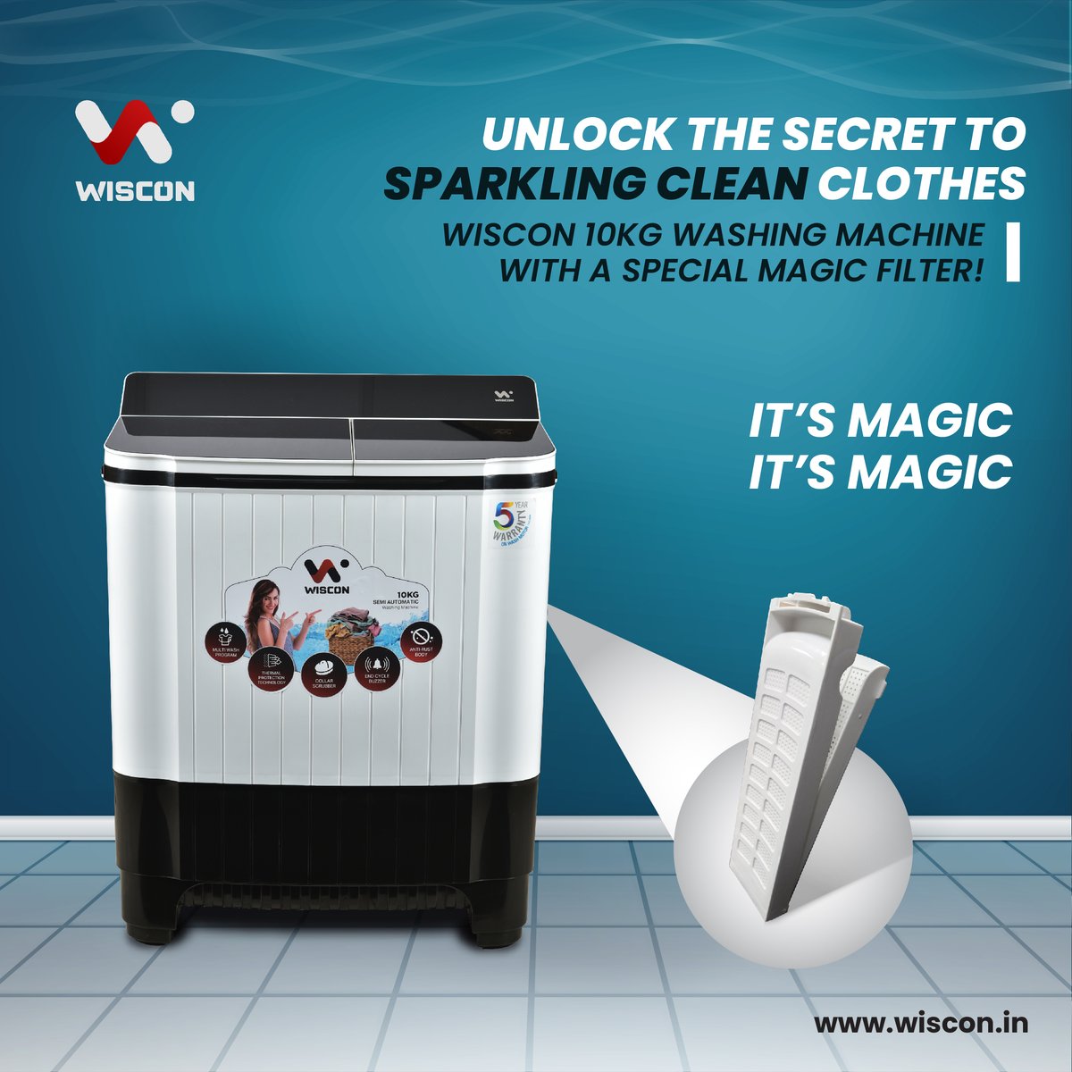 WisconInd's tweet photo. Our 10kg washing machine, equipped with a special Magic Filter, guarantees a wash that's nothing short of Magical! Because your clothes deserve the best! 👚✨

Order now! - https://t.co/iwGDaJBaYQ

#itsmagic #washingmachine #wisconindia #wisconindustries #homeappliances #india https://t.co/7QBdlmytg7