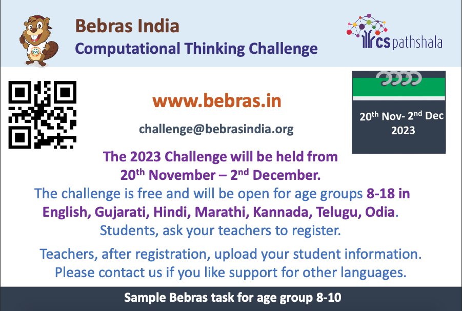 Bebras India 2023 Challenge will be conducted from 20th November to 2nd December 2023.
Teachers, you can register as a coordinator.
lnkd.in/diXcKnVw After registration, upload your student information using your school login link.lnkd.in/dd5FmUBS #cspathshala