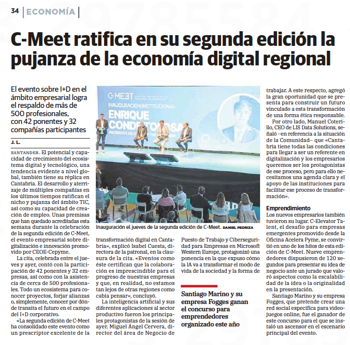 Ceoecant's tweet photo. #CMeet23 |  Manuel Coterillo, CEO de @LIS_Data_ES : "Cantabria tiene todas las condiciones para llegar a ser un referente en digitalización y los empresarios queremos ser los protagonistas de este proceso".

🗞️ @dmontanes https://t.co/PdkS2bJgep