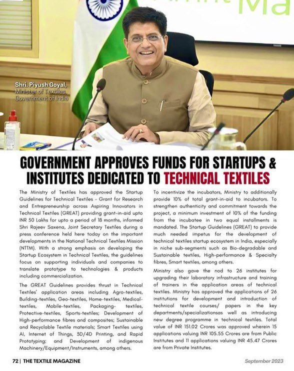 sangeethmt's tweet photo. #TechTex Industry to grow multifold. 

👉NTTM’s ‘GREAT’ aims at developing a startup ecosystem in TechTex.
👉To introduce new TechTex programs/specialisations in over 26 institutions. 

✌🏻This push will benefit established players as well

#SuperBullThought
@ManickamRavich1 https://t.co/fuLgDurSTz