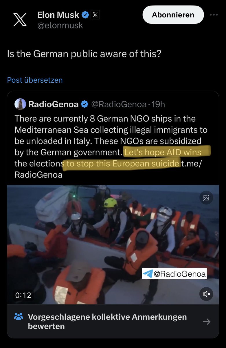 LeaFruehwirth's tweet image. Musk verbreitet einen Post, der das Retten von Leben als Suizid Europas umkehrt (!) und die AfD bewirbt. Der Post fordert de facto, Menschen sterben zu lassen. 

Auf die Kritik des Auswärtigen Amts reagiert Musk mit dem rechtsextremen Verschwörungsmythos des „großen Austauschs“.