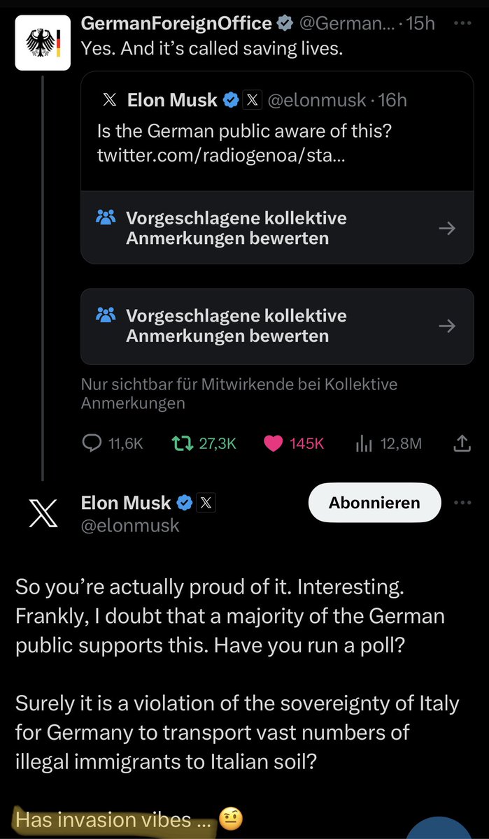 LeaFruehwirth's tweet image. Musk verbreitet einen Post, der das Retten von Leben als Suizid Europas umkehrt (!) und die AfD bewirbt. Der Post fordert de facto, Menschen sterben zu lassen. 

Auf die Kritik des Auswärtigen Amts reagiert Musk mit dem rechtsextremen Verschwörungsmythos des „großen Austauschs“.