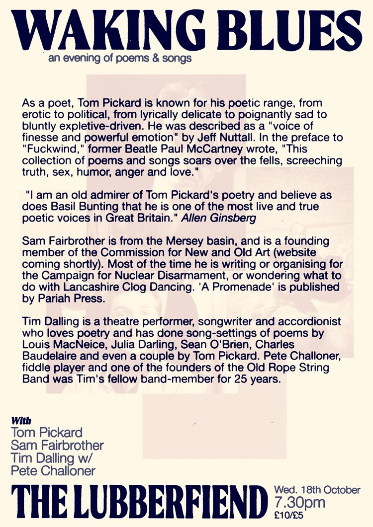 WAKING BLUES
18|10|23
@TheLubber
Newcastle-upon-Tyne

Sam Fairbrother performs
A PROMENADE
pariahpress.com/product-page/a…

Alongside the venerable & elusive TOM PICKARD [!]

Also looking forward to Dalling @timdalling & Challenor’s MacNeice

TICKETS (bargain): shorturl.at/blT68