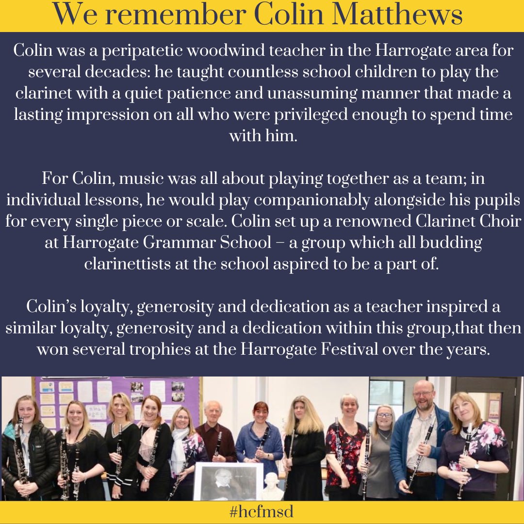 hcf4msd's tweet image. Sarah Darvill shared her memories of Colin Matthews. The photo was taken at Colin’s funeral in 2017 where ex pupils reunited to form a clarinet choir in Colin’s memory! We love seeing photos like this where music is bringing people together! #hcfmsd #harrogatemusic #musicunites