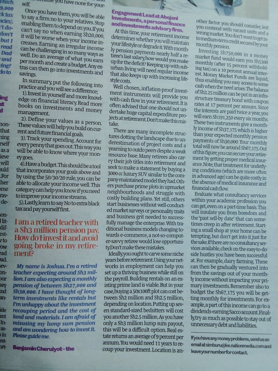 cheruiyotkb's tweet photo. In the @NationAfrica S-Mag, we look at how Joshua, a retired teacher expecting Ksh 3M lump sum pension, can put the money to good use to guarantee life-long cash inflows. #RetirementPlanning https://t.co/0WlPAVhRly