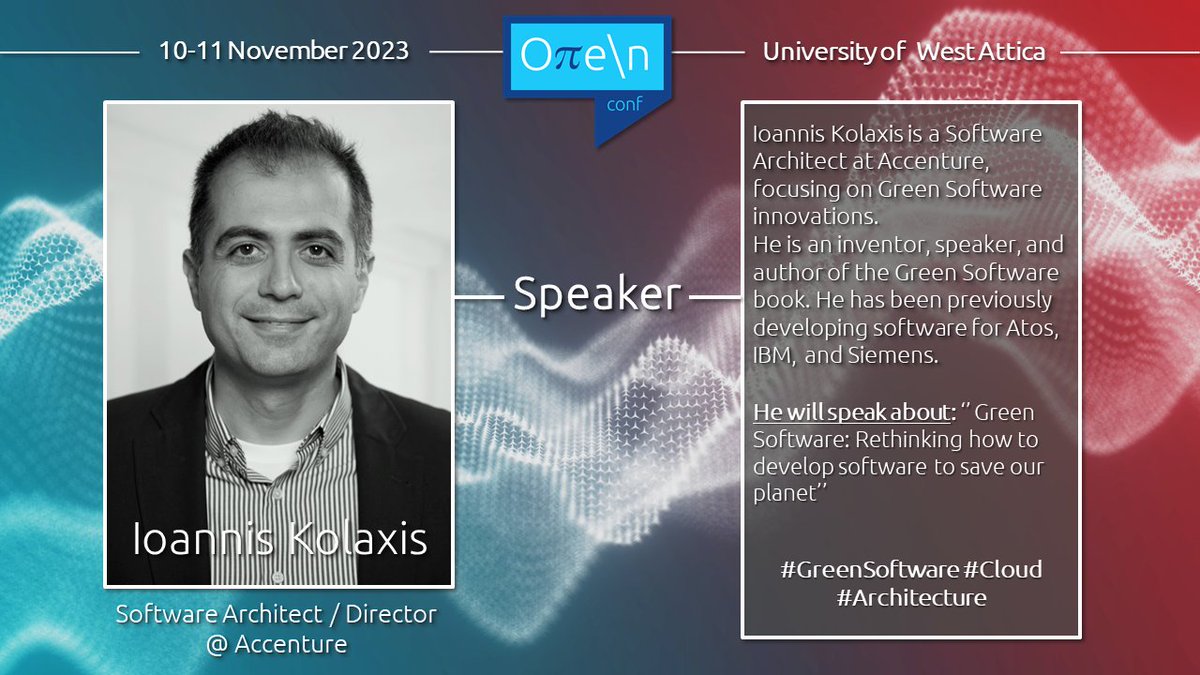 @IoannisKolaxis will challenge the established development practices and have us rethink the way we develop software through savings in carbon emissions at #open_conf 2023. Grab your ticket at open-conf.gr #GreenSoftware, #Cloud, #Architecture