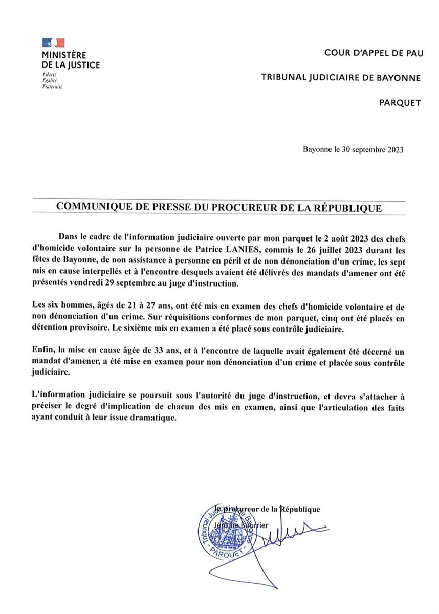 Information judiciaire ouverte à la suite du décès de Patrice LANIES. Les  7 mis en cause présentés hier au juge d'instruction ont été mis en examen. 5 ont été placés sous mandat de dépôt et 2 sous contrôle judiciaire.
