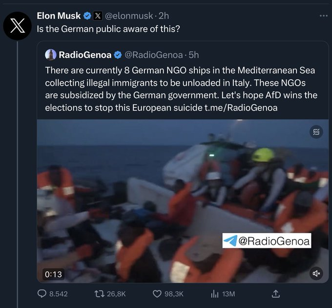 Gegen_die_AfD's tweet photo. Elon #Musk mischt sich also in den Wahlkampf in Bayern ein zugunsten der #AfD? Hier zu sehen ein rechtsextremer Account, der von Musk geteilt wird. #NoAfD #AfD https://t.co/zL3hCnbQBz