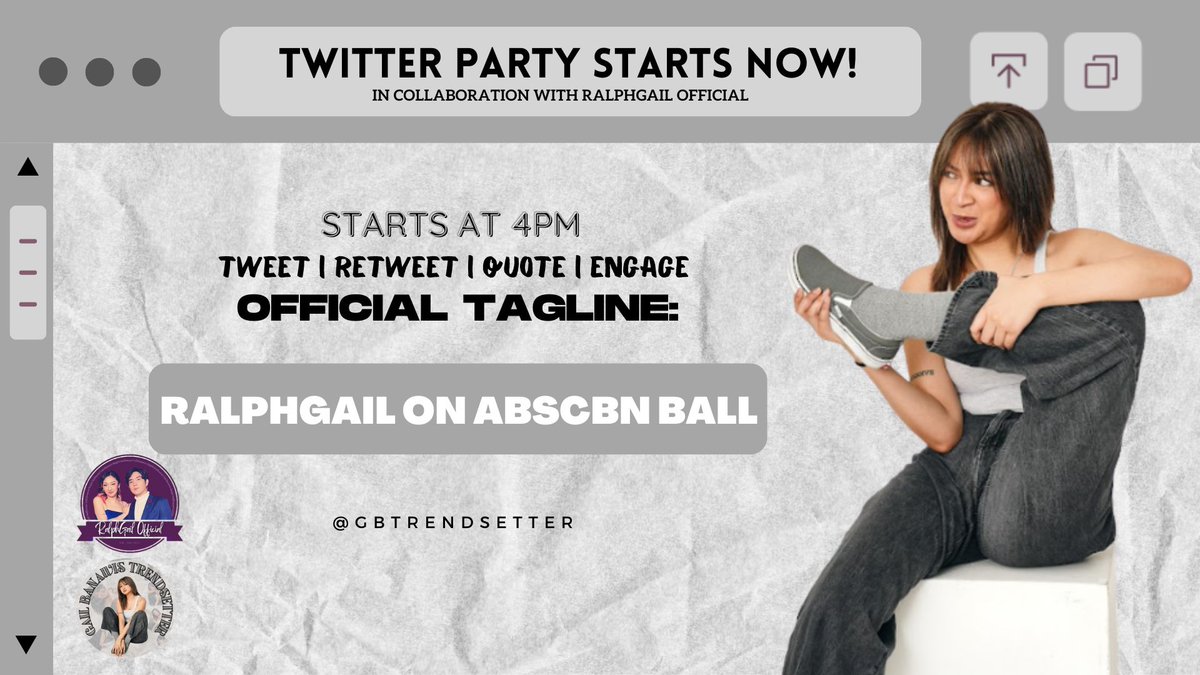 TWITTER PARTY STARTS NOW!

OFFICIAL TAGLINE: RALPHGAIL ON ABSCBN BALL

Reminders: 
— NO NUMBERS
— NO EMOJIS 
— NO ALL CAPS
— At least three words per tweet 
— RT &amp; RQ fresh tweets 
— Interact especially with those who have big followers

<a href="/struggail/">GAIL BANAWIS</a> <a href="/RalphGailOFCL/">𝗥𝗔𝗟𝗣𝗛𝗚𝗔𝗜𝗟 𝗢𝗙𝗙𝗜𝗖𝗜𝗔𝗟</a>