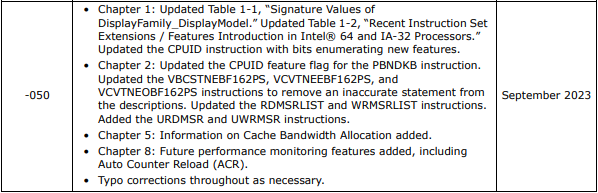 InstLatX64's tweet photo. #Intel released the 50th edition of the ISA Extensions Reference:
CPUID C06Cx = #PantherLake (hybrid)
CPUID D06Dx = #ClearwaterForest (#Skymont? server)
#TDX in #EmeraldRapids
#AVX10_1 in #GraniteRapids
#RAO_INT removed from #GrandRidge
#FRED in Panther
https://t.co/WkWHyZUEEa https://t.co/8A6Miiinhm