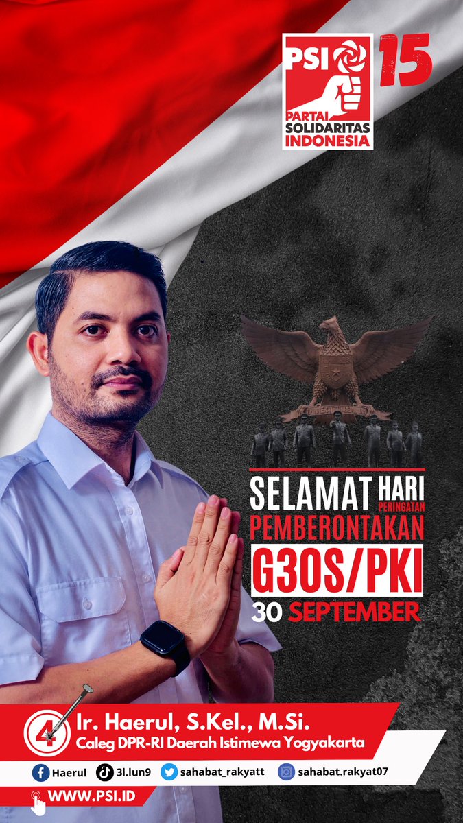 sahabat_rakyatt's tweet photo. Selamat memperingati hari Pemberontakan G30S/PKI…

#g30spki 
#kaesang 
#kaesangpangarep 
#jokow15me 
#bpjsgratis 
#pastimenangbanyak 
#siapmenujusenayan2024 
#psimenang2024
#prabowosubianto🇮🇩 
#prabowopresiden2024 
#prabowo 
#antikorupsi https://t.co/wAovJFTEPv
