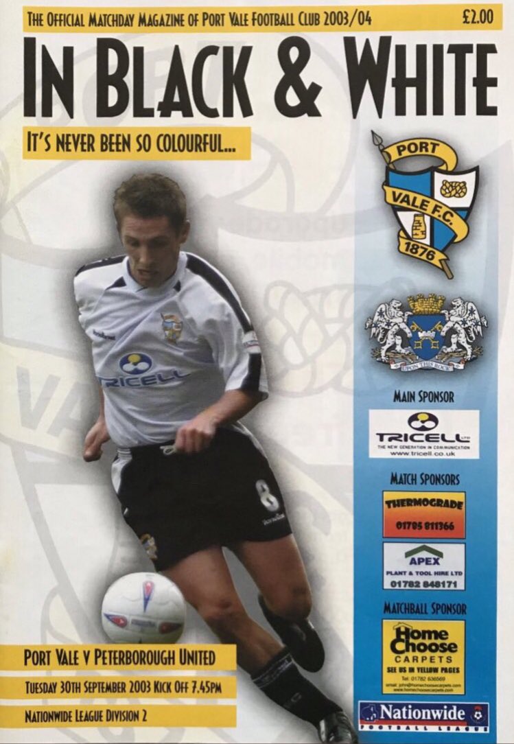 pvfcprogs's tweet photo. #OnThisDay 30/9/03
PORT VALE  3
McPhee 2, Collins
PETERBOROUGH UTD  0

Vale’s great start to the season saw them remain top of League 1 after victory over Peterboro at Vale Park. Steve McPhee celebrates scoring one of his two goals. Att 5,495 #portvale #pvfc https://t.co/mhh4savzJY