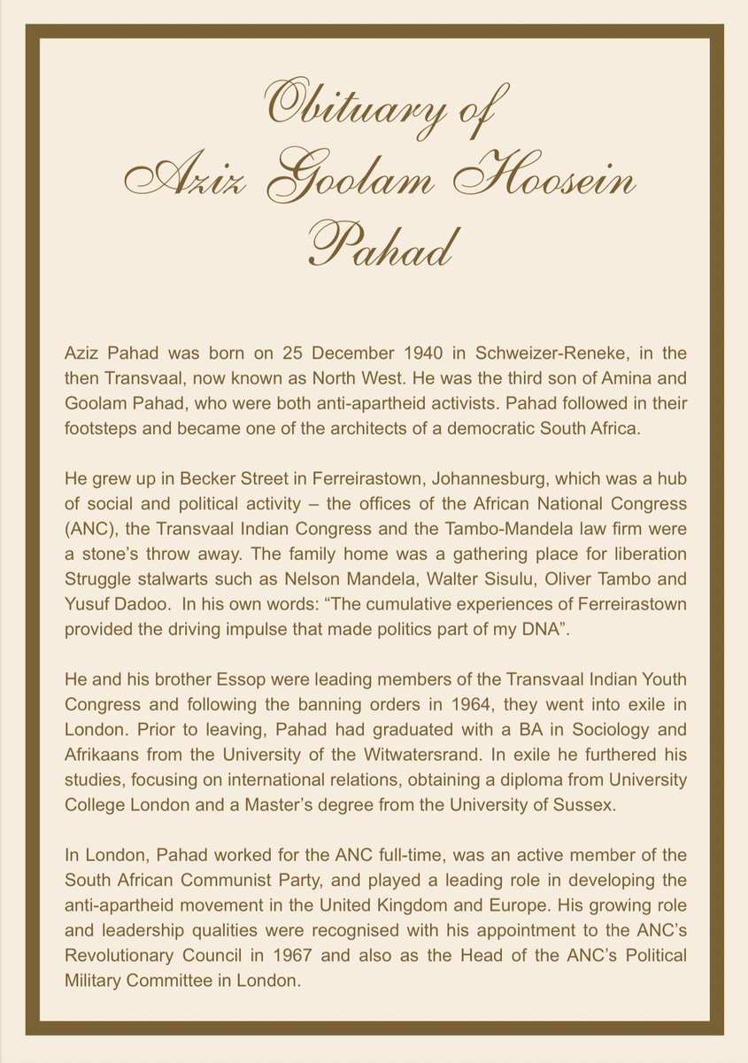 PresidencyZA's tweet photo. [READ]: Obituary of Aziz Goolam Hoosein Pahad 

#RIPAzizPahad 🕊️ https://t.co/I9ufjSBSg1