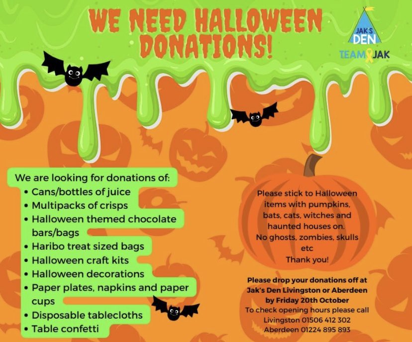 Help us to support the phenomenal work of @TeamJakJaksDen by donating Halloween items from the list below. Donations can be handed in at GB on either 3 or 17 October. Help us to create smiles this Halloween! Thank you in advance