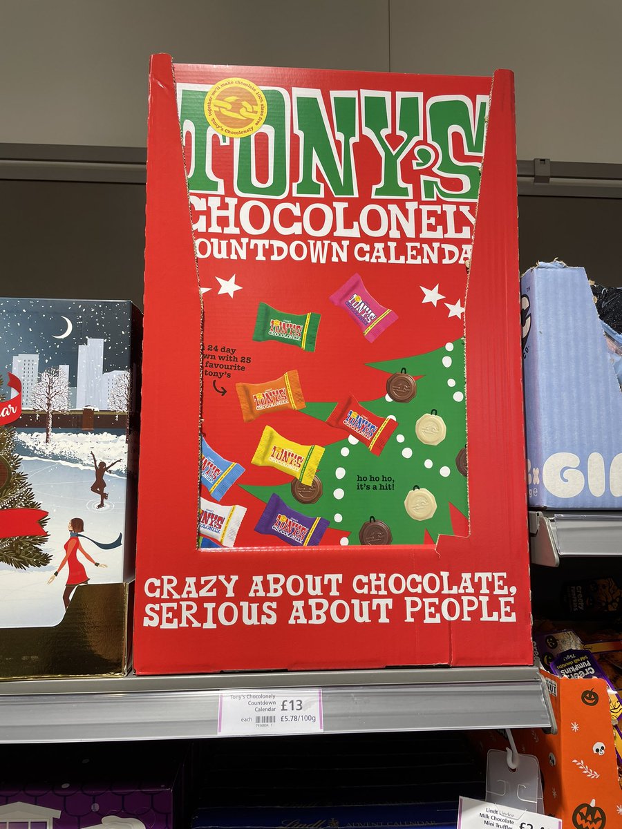 All_Things_New_'s tweet photo. Festive Tony’s Chocolonely! 🎄 At Waitrose @TonysChocoUK_IE #tonyschocolonely #chocolate #christmas #festive #adventcalendar #christmascountdown #wellthisisnew https://t.co/hiULZizAat