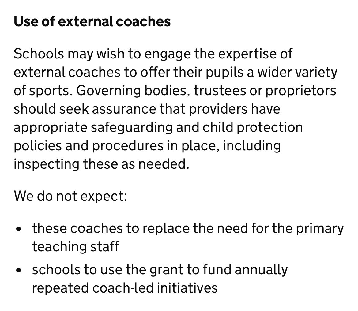 🔊 Updated #PE and #Sport Premium guidance released by <a href="/educationgovuk/">Department for Education</a>:

gov.uk/guidance/pe-an…

⚠️ This guidance provides more clarity than ever about how the funding should and should NOT be used (including capital expenditure).

Please RT so that schools aren’t caught out.