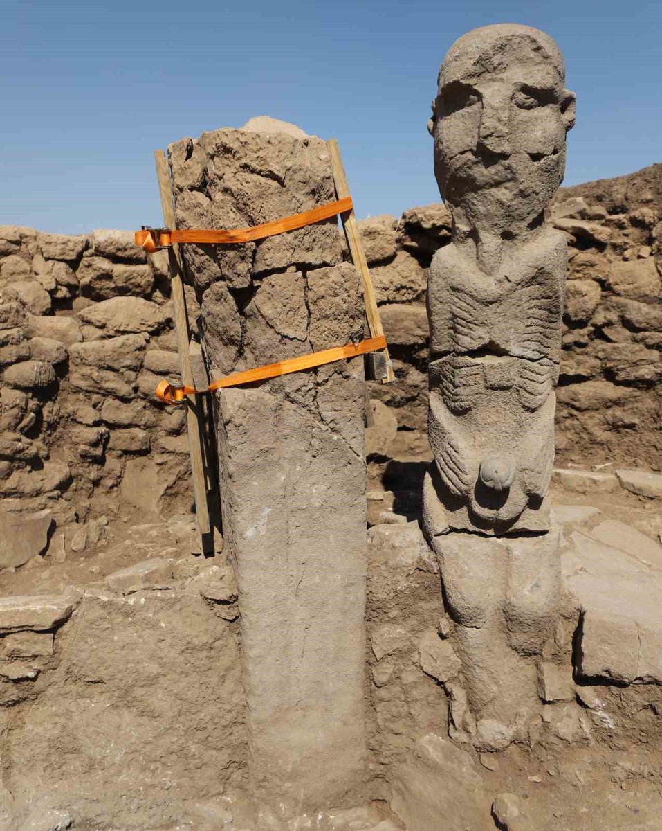 Göbeklitepe’den tarih olarak daha önceye ait olduğu düşünüle Karahantepe’de gerçekçi bir yüz ifadesiyle tarih öncesi sanatın en etkileyici örneklerinden biri olmaya aday 2,3 metre yüksekliğindeki heykel bir sekinin içerisinde zemine sabitlenmiş olarak bulundu.