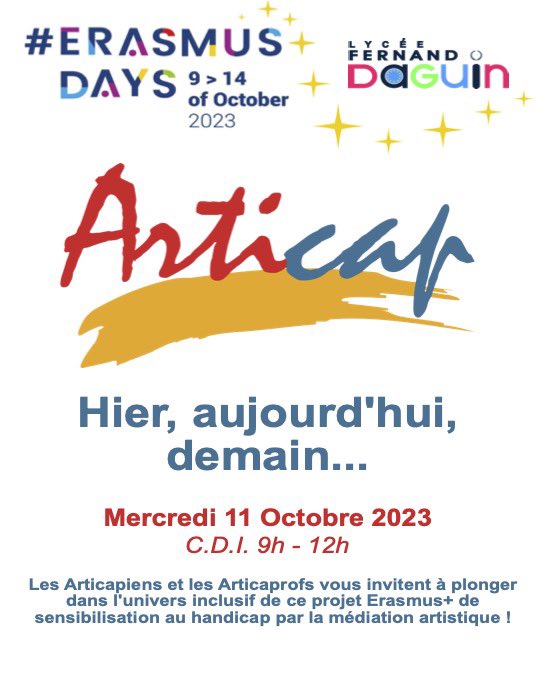 Les Articapiens et les Articaprofs seront présents le 11-10-2023 dans le cadre des #ErasmusDays2023 pour exposer leurs œuvres, échanger sur le projet et dévoiler ses suites ! 🇪🇺🤩