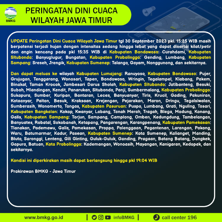 infoBMKG's tweet photo. Update Peringatan Dini Cuaca Wilayah - Jawa Timur Tgl. 30 September 2023 pkl. 15:35 WIB
Prakirawan - BMKG - Jawa Timur
https://t.co/yZjChYnx4C https://t.co/aW7Rf8Ge1F